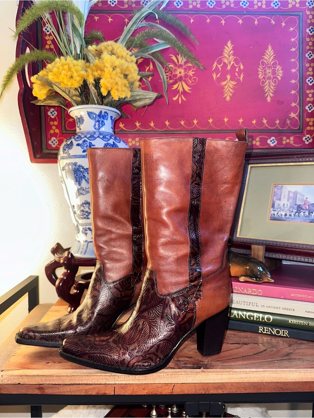 Antonio Melani Cassidy Tooled Leather Western Cowboy Boots Two-Tone Brown 6.5
